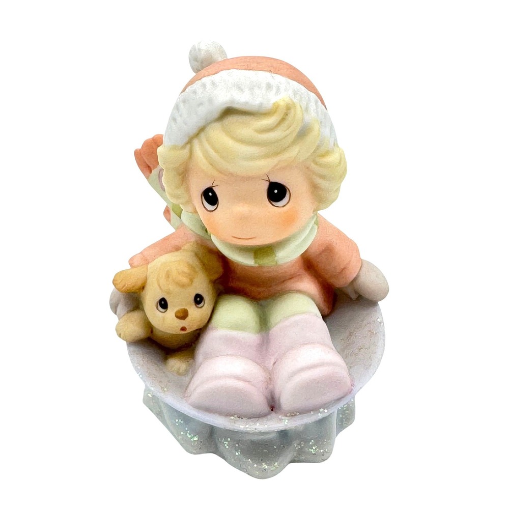 Precious Moments Girl and Puppy in Snow Saucer Figurine 2003 Enesco 104275